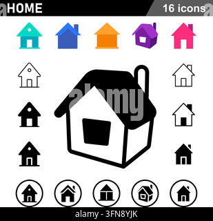Home black and colored vector icon set featuring residential architecture, real estate buildings, and housing symbols. Stock Vector