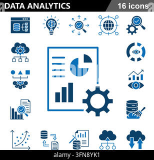 Data analytics blue vector icon set featuring business statistics, market research, and information graphs. Stock Vector