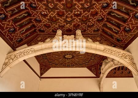 Carved arch with two lions holding a shield and a Gothic inscription below the Mudéjar ceiling, cloister of San Juan de los Reyes, Toledo, Spain Stock Photo