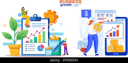 Business growth and financial success vector illustration featuring profit charts, investment coins, business planning, and revenue increase. Stock Vector