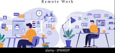 Remote work and home office vector concept featuring online collaboration, video conferencing, telecommuting, and digital workspace. Stock Vector