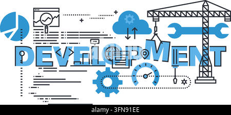 Software and web development vector concept illustration featuring coding, cloud computing, project management, and construction tools. Stock Vector