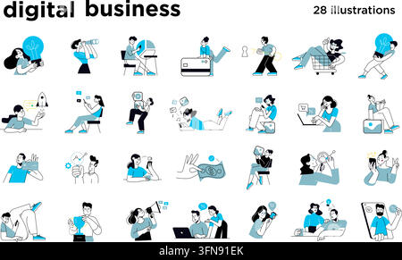 Digital business vector set featuring online commerce, marketing strategies, mobile banking, financial data analysis, and tech solutions. Stock Vector