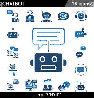 Modern chatbot icon set featuring AI assistance, customer support, automated messaging, virtual conversational agents, and tech communication. Stock Vector