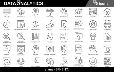 Modern vector collection of 40 linear outline icons representing data analytics, business intelligence, machine learning, and big data processing Stock Vector