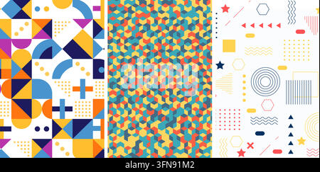 Geometric pattern and Memphis style vector background set featuring colorful retro shapes, isometric cubes, and abstract artistic compositions. Stock Vector