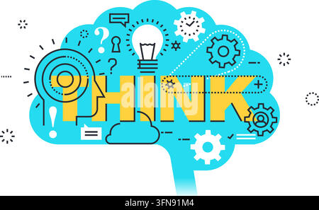 Think brain concept vector illustration featuring a turquoise human brain outline filled with lightbulbs, gears, question marks, and the word think. Stock Vector