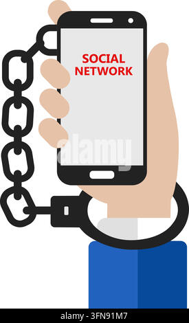 Social network smartphone concept vector illustration featuring a hand chained with handcuffs holding a mobile phone displaying social network text. Stock Vector