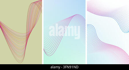 Modern wave lines vector background set featuring dynamic curved gradient waveforms on light abstract backdrops. Stock Vector