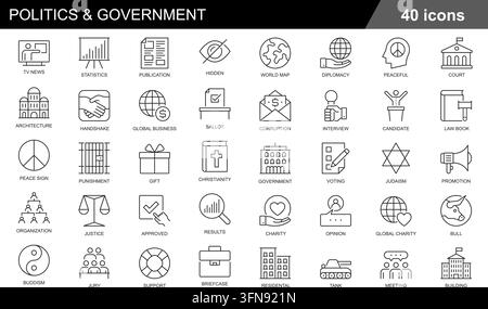 Politics and government vector icon set featuring 40 outline symbols for statistics, court, ballot, justice, diplomacy, and laws Stock Vector