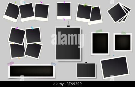 Polaroid photo frames vector set featuring various instant picture mockups, adhesive tape clips, pins, and hanging strings on a grey background. Stock Vector