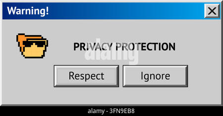 Vintage privacy protection warning popup with folder shield icon and respect ignore buttons Stock Vector