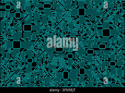 Cyan motherboard circuit network with connected microchip nodes across black background Stock Vector