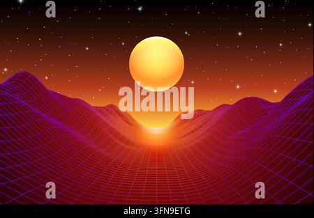 Golden glowing sun above red wireframe mountains and bright orange horizon at night Stock Vector