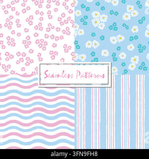 Summer seamless pattern collection. Vector patterns with abstract daisy shapes and tiny flowers, vertical stripes and wavy lines Stock Vector