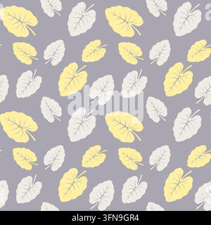 Elegant botanical seamless pattern featuring stylized yellow and light grey leaves with delicate veins scattered over a solid muted purple grey Stock Vector
