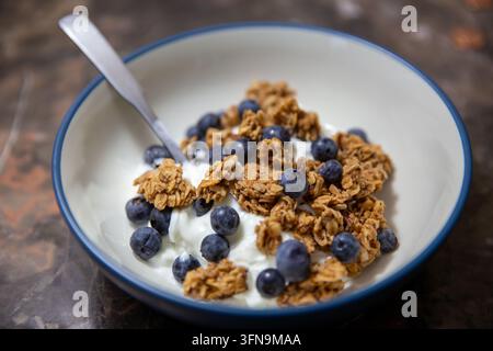 A nutritious breakfast bowl filled with thick white yogurt, topped with crunchy toasted oat granola clusters and fresh blueberries. Stock Photo