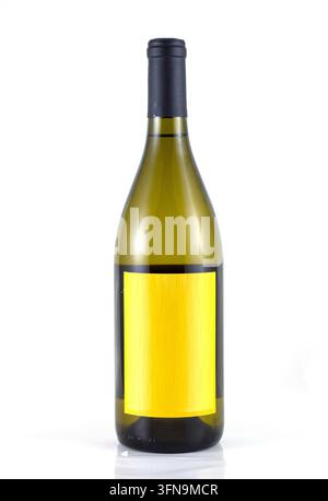 A green glass white wine bottle featuring a blank textured yellow label stands upright against a clean white background, perfect for product mockups a Stock Photo