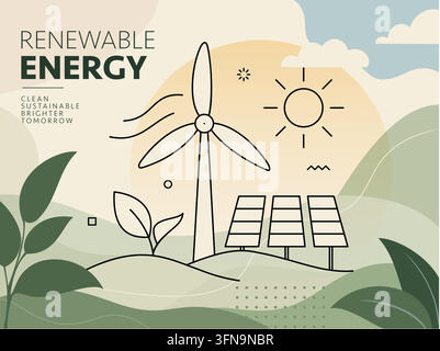 Renewable energy and sustainable future with solar panels and wind turbine Stock Vector