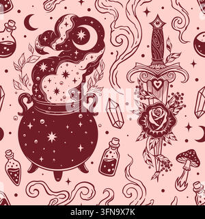 Seamless vector pattern with brewing witch cauldron, dagger with rose, magic potion bottles, crystals, mushrooms, and stars. Stock Vector