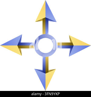 Four-Directional Cross Arrow Navigation Pointer Icon with Silver Ring Center, Modern UI UX Cursor Vector Design Stock Vector