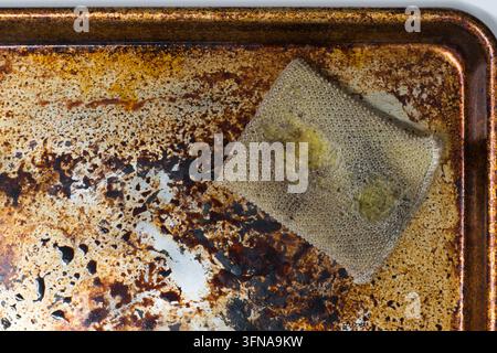 Dirty stained cookie sheet aluminum baking pan bakeware with old cleaning sponge. Stock Photo