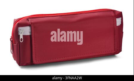 red fabric pencil case isolated white background, zippered pouch for stationery and school supplies, blank mock-up template in side view Stock Photo