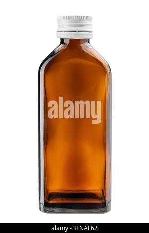 Empty amber glass medicine bottle with white ribbed screw cap, isolated on white with clipping path. Perfect for pharmaceutical, cosmetic, wellness, o Stock Photo