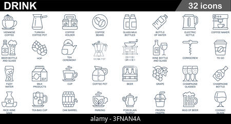 Set of 32 drink and beverage line vector icons featuring viennese coffee, coffee beans, milk bottles, wine bottles, beer, and cocktail glasses Stock Vector