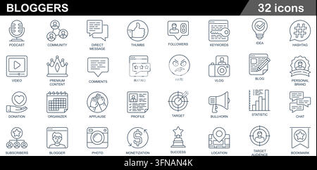 Set of 32 bloggers and social media line vector icons featuring podcasts, community, direct messages, followers, keywords, and personal branding Stock Vector
