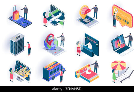 Set of tourism and hotel booking isometric vector icons featuring travelers, smartphone apps, flights, hotel buildings, and vacation planning Stock Vector
