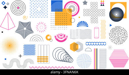 Set of abstract Memphis style geometric shapes, lines, dots, halftones, pyramids, and retro design graphic elements on white background Stock Vector