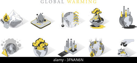 Set of isometric global warming and climate change vector icons featuring melting glaciers, polluted earth, factories, and natural disasters Stock Vector