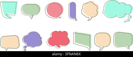 Set of colorful speech and thought bubbles with thin black outlines in various shapes, sizes, and pastel tones for chat and communication Stock Vector