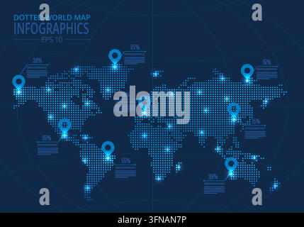 Blue glowing dotted world map infographic template with location pin markers, percentage data points, and global network connection elements Stock Vector