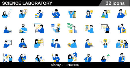 Complete set of 32 science laboratory vector icons depicting chemical research, experiments, scientists, lab equipment, data analysis, and academic Stock Vector