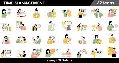 Comprehensive set of 32 vector line icons illustrating professional time management, scheduling, productivity, planning, and efficient work strategies Stock Vector