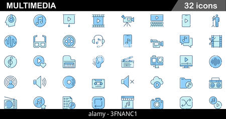 Professional set of 32 blue outline multimedia icons featuring music playback, audio streams, video recording, photography, and entertainment media Stock Vector