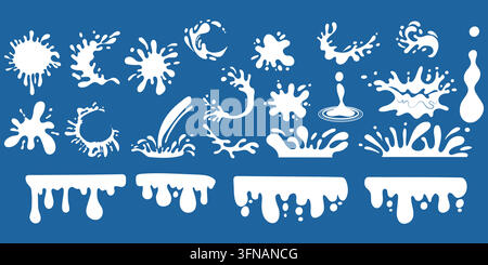 Large vector collection of white liquid, milk, and water splashes, drops, fluid waves, droplets, and dripping borders isolated on a rich blue Stock Vector