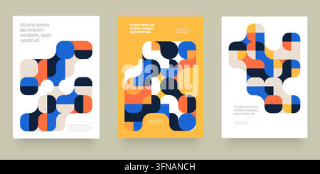 Abstract geometric posters set featuring fluid color blocks, Bauhaus compositions, and minimalist patterns. Stock Vector