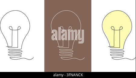 Minimalist continuous one line art vector illustration of a glowing light bulb concept symbolizing creativity, innovation, and bright ideas set across Stock Vector