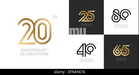 Elegant set of golden and black line art anniversary celebration badge logos featuring 20th, 25th, 40th, 50th, and 65th milestone numbers styled with Stock Vector