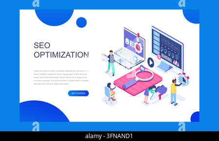 SEO optimization landing page featuring website analytics, search engine tools, and digital marketing graphics. Stock Vector