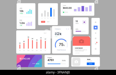 Modern statistics dashboard UI featuring monthly revenue charts, progress bars, and clean widget cards. Stock Vector