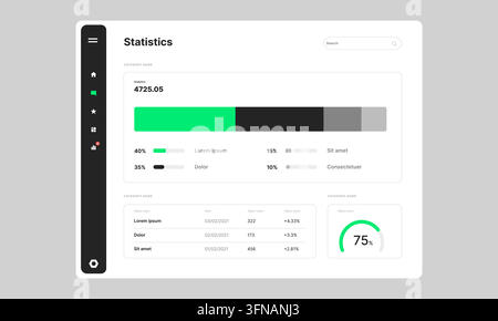 Light mode statistics dashboard UI featuring horizontal progress bars, data tables, and circular score indicators Stock Vector