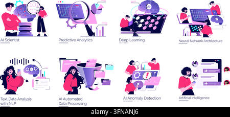 Artificial intelligence concept set featuring neural network architecture, deep learning, and predictive analytics.artificial intelligence Stock Vector