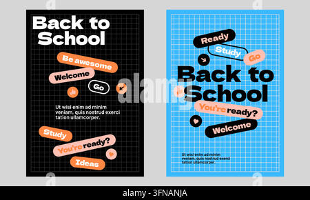 Back to school grid posters featuring educational notes, bold typography, and colorful stationery elements. Stock Vector