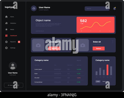 Dark mode web dashboard UI featuring analytical charts, user management panels, and modern statistics. Stock Vector