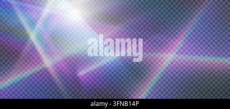 Rainbow crystal overlay with holographic flare and sun sparkle. Transparent glass texture creates iridescent bokeh with gradient rays and diamond Stock Vector
