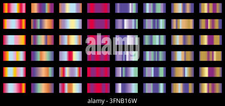 Holographic textures featuring iridescent rainbow swatches. Shiny metallic backgrounds with bronze, platinum, copper accents. Vibrant chrome effects Stock Vector